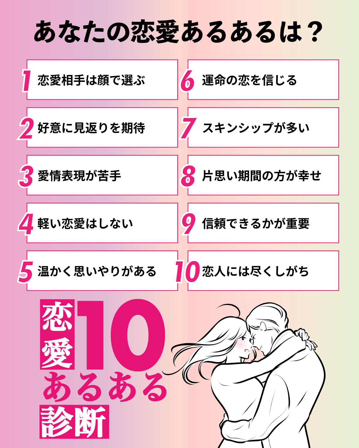 恋愛10あるあるテスト | あなたの恋愛における10の”あるある”とは？