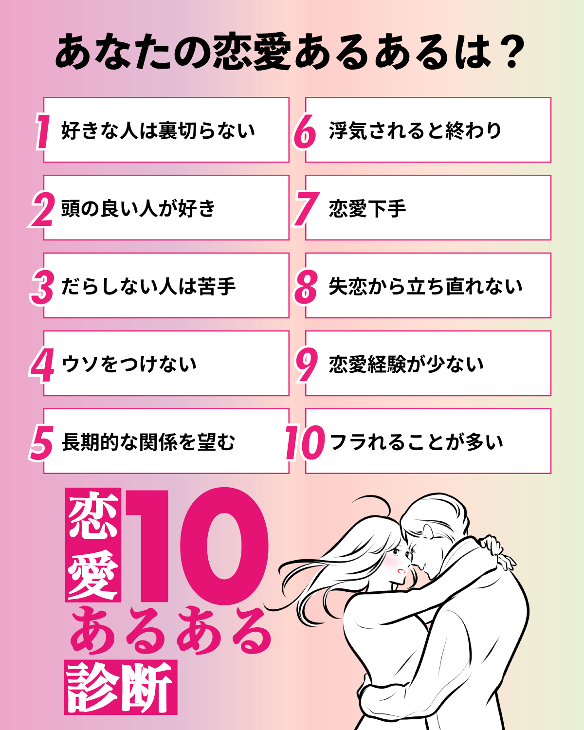 恋愛10あるあるテスト | あなたの恋愛における10の”あるある”とは？